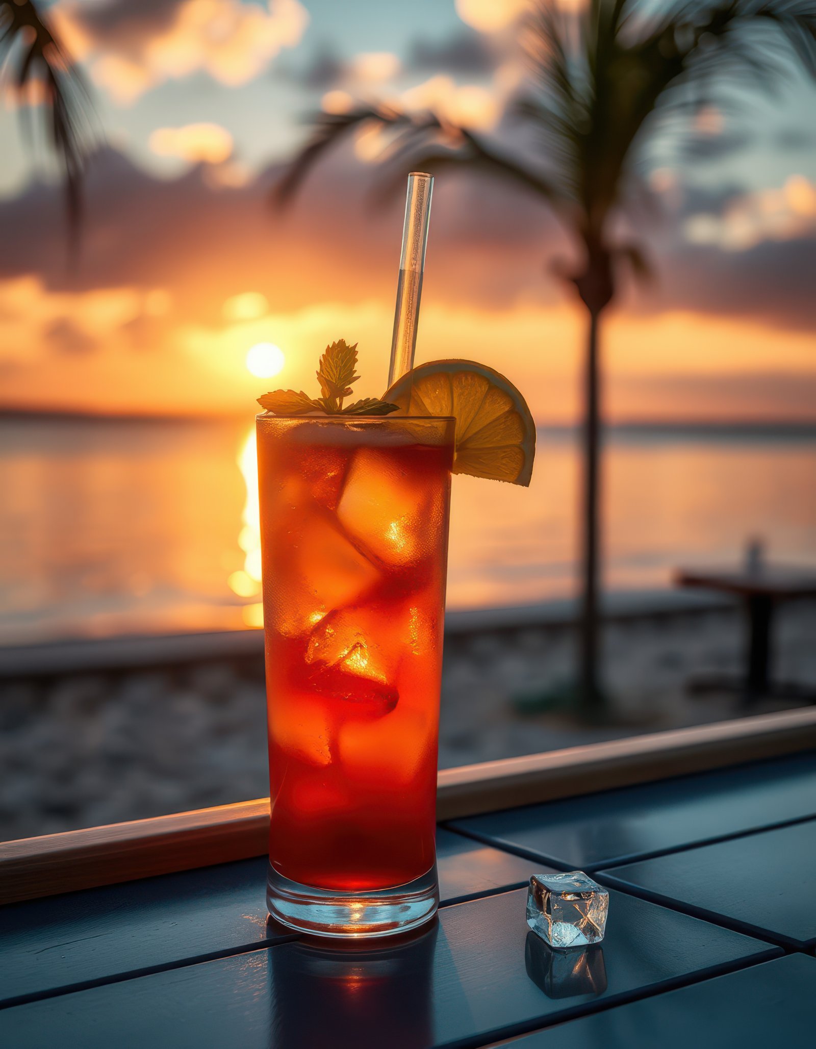 Refreshing cocktail by the beach during a vibrant sunset overlooking calm waters